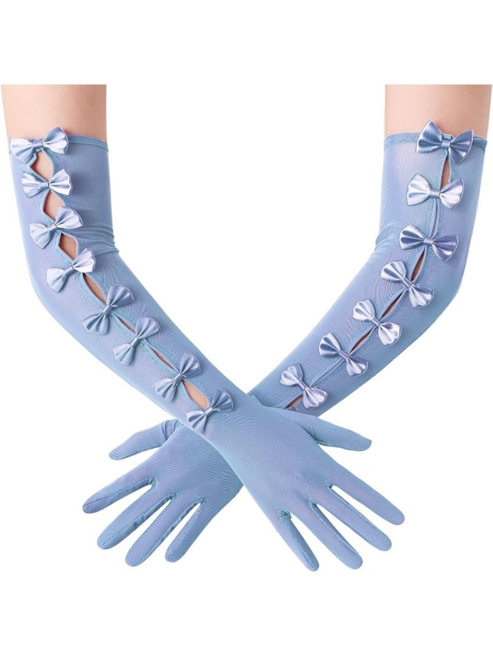 Womens Blue Long Tulle Mesh Opera 1920s Flapper Cutout Ribbon Bows Lace Gloves